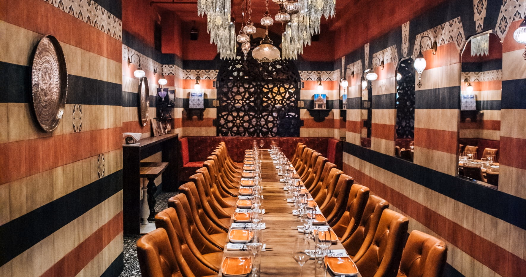 The dining room set for a private reception.